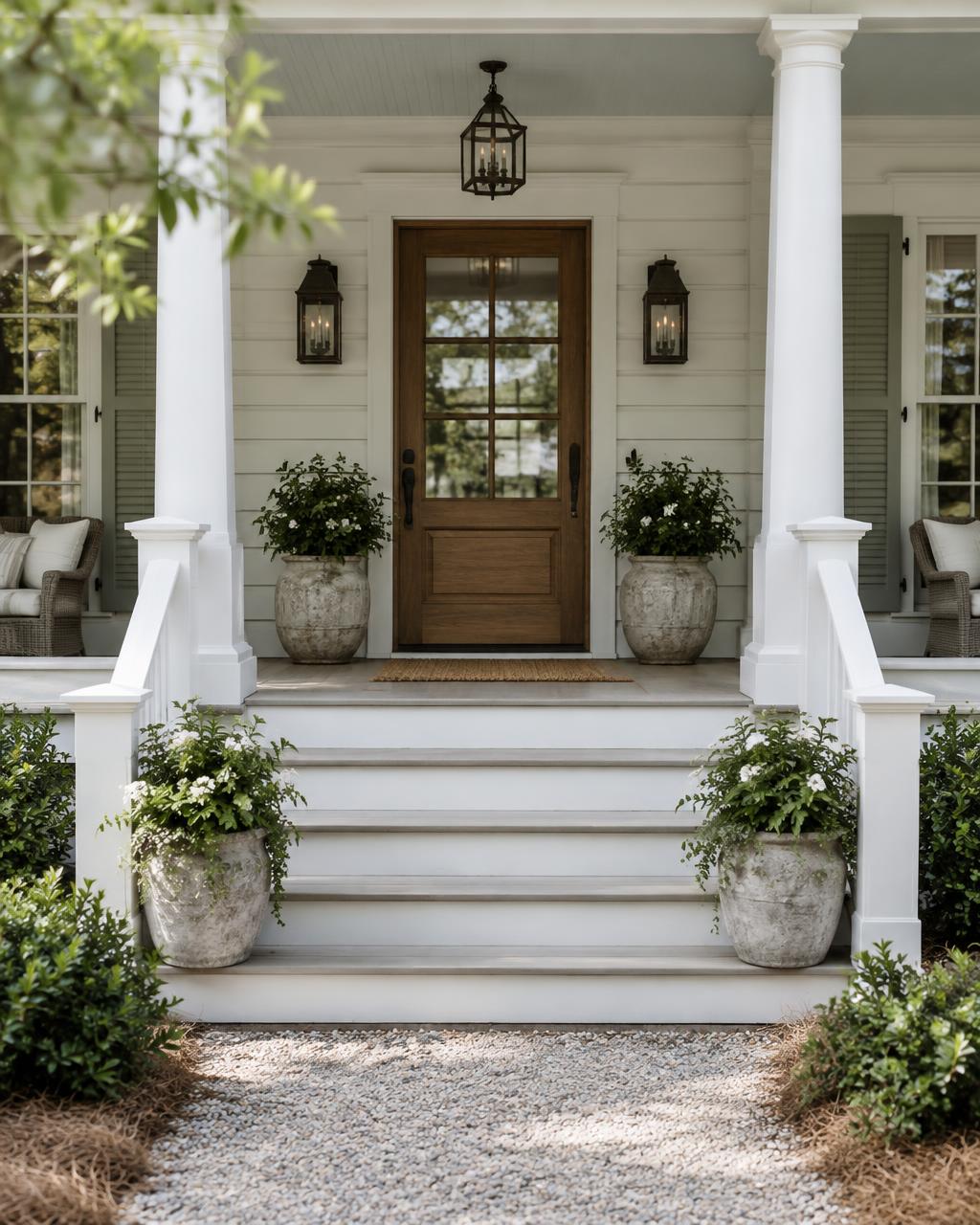 Tidy front porch and steps of a white home