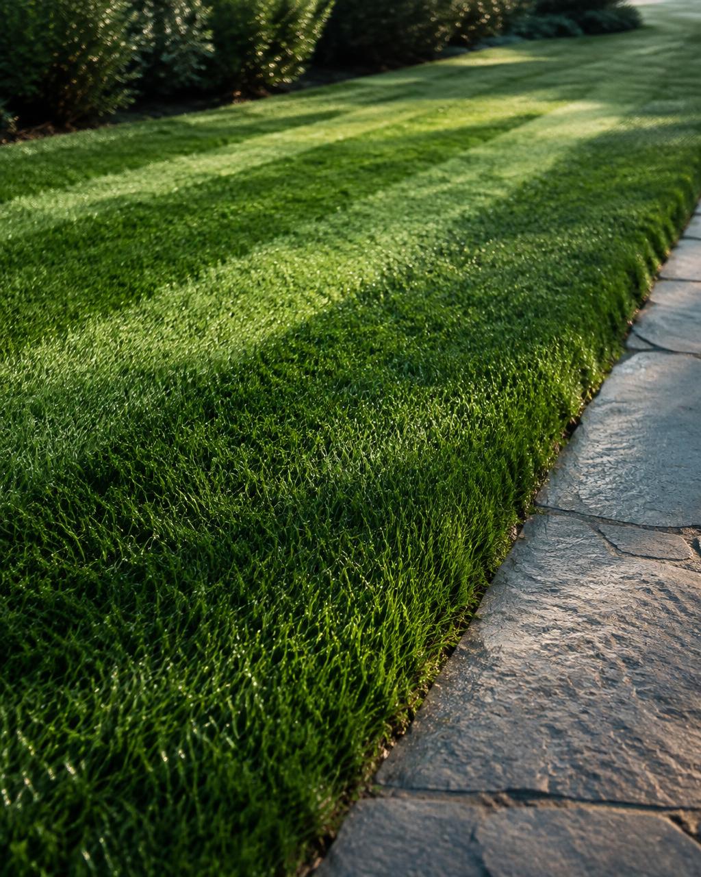Mowing stripes on a green lawn beside a stone path